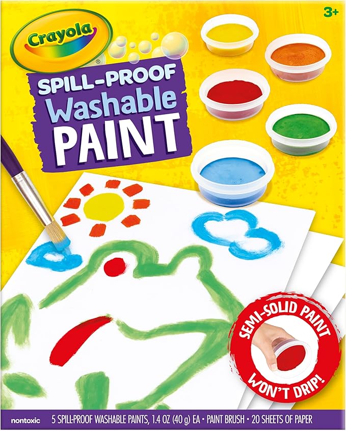 Crayola Spill Proof Paint Set - Washable Paint for Kids, Includes Paint Brush & Paper, No Drip, Less Mess Arts & Crafts, Toddler Gift, Ages 3+