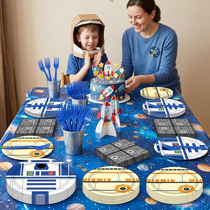 96 Pcs Galaxy Movie Star Birthday Paper Plates and Napkins Stars Party Decorations Space Theme Tableware Galaxy War Disposable Dinnerware Set for Universe Outer Space Birthday Party Serves 24 Guests