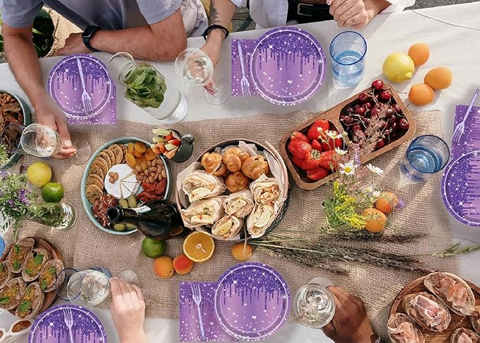 72 Pcs Purple Glitter Paper Plates 7in Disposable Paper Dessert Plates Napkins and Forks Party Tableware Set Happy Birthday Table Decorations for 24 Guests Purple Birthday Wedding Theme Party
