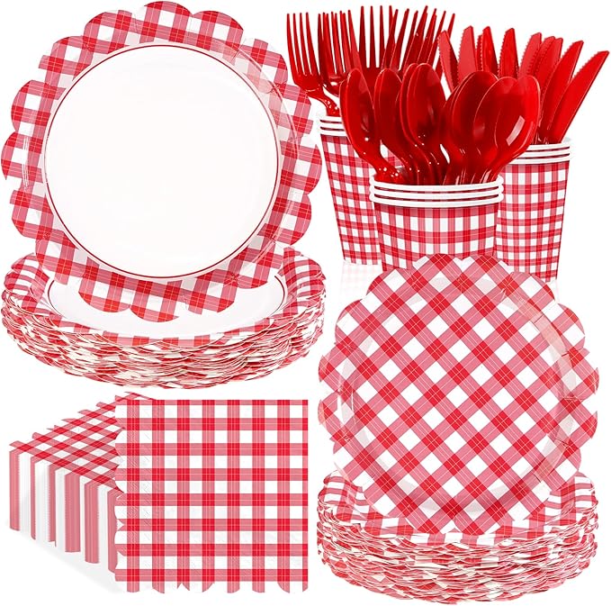 168 Pcs Red Gingham Checkered Party Supplies Scalloped Red and White Checkered Plates Napkins Cups Forks Tableware Sets for Birthday Wedding Picnic BBQ Bridal Baby Shower Supplies Serves 24