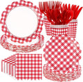 168 Pcs Red Gingham Checkered Party Supplies Scalloped Red and White Checkered Plates Napkins Cups Forks Tableware Sets for Birthday Wedding Picnic BBQ Bridal Baby Shower Supplies Serves 24