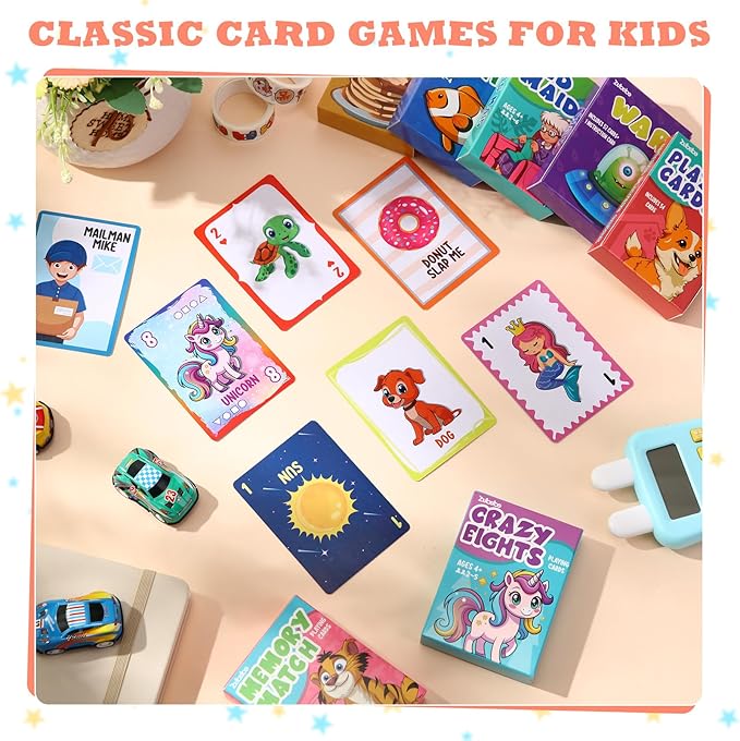 Zubebe 7 Pack Kids Card Games Gifts Bulk Classic Playing Card Game Set for Kids Includes Go Fish, Old Maid, Crazy Eights, Memory Match, Slap Jack, Playing Toy for Party Favors (Classic)