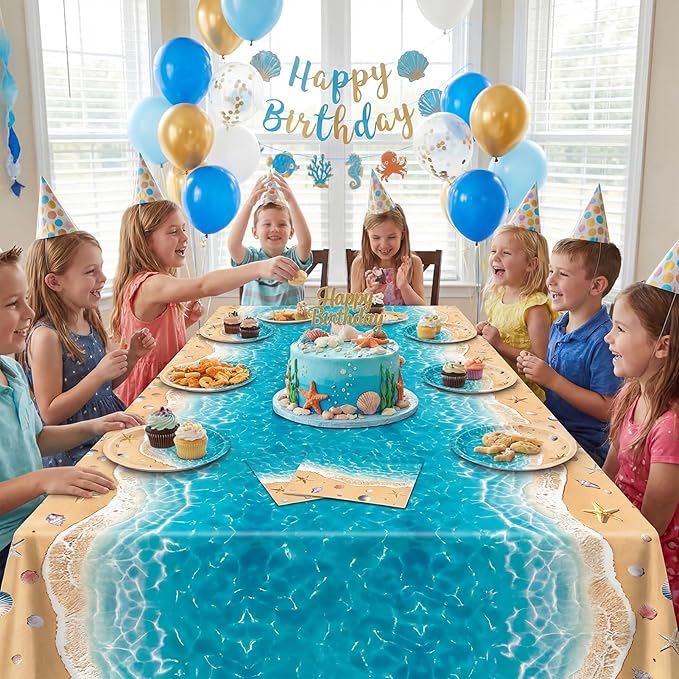Beach Birthday Party Decorations,41Pcs Disposable Ocean Waves Beach Dessert Plates Napkins Tablecloth Tableware Set Summer Pool Hawaiian Beach Party Supplies for Kids Baby Shower Birthday