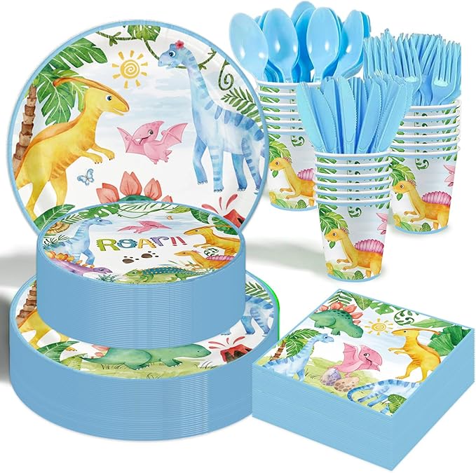Dinosaur Birthday Party Supplies - 350PCS Dinosaur Themes Party Tableware Set, Bithday Disposable Paper Plates Cups and Napkins For Boys Kids Birthday Baby Shower Decorations, Serve 50
