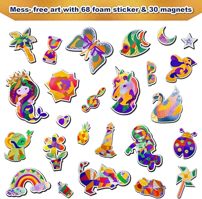 FLUXOJOY Foil Art Craft Kits for Kids, Mess -Free Fun Activity Set for Child, DIY Printing Craft Kit, Mother's Day Party Gifts for Ages 4 5 6 7 8 9 10 11 12 and Up, Art Travel Toys for Boys Girls