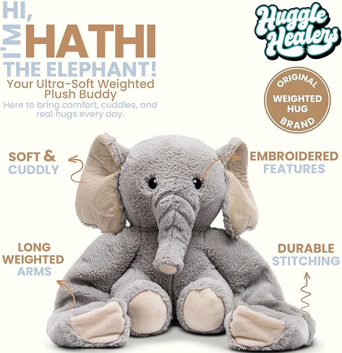Huggle Healers Weighted Stuffed Animals for Adults, Teens and Kids - 36 Inch Long Plush Arms for Hugs - 4.5lb Elephant Stuffed Animal Plushies - Hathi Elephant