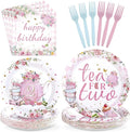 96Pcs Tea for Two Party Supplies Tea 2nd Year Old Girl Birthday Plates and Napkins Pink Floral Teapot Theme Tableware Set for Girls Tea-themed Baby Shower Birthday Party Supplies，Serves 24