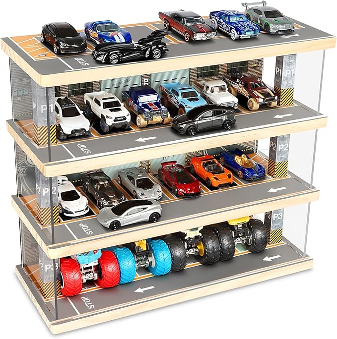 Saichotoy Storage for Hot Wheels: Toy Car Parking Garage Diorama with Lights - Freestanding Display Case for 1/64 Scale Diecast Cars with 4 Levels 24 Spots Maximum 40 Cars