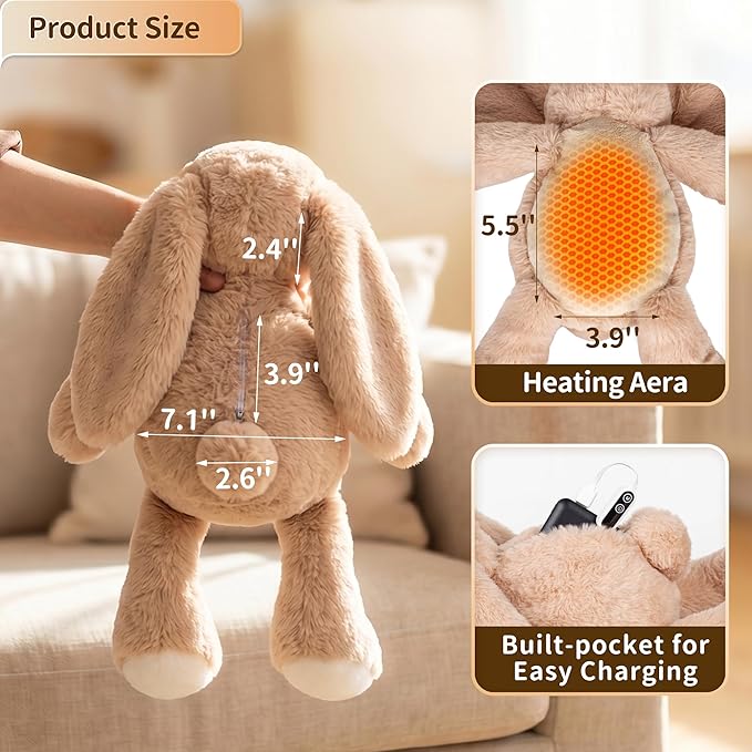 Rabbit Heated Stuffed Animal, Bunny Heating Pad for Period Cramps, USB Powered Heating Pad with Auto Shut Off,Warm Plushie for Belly Back Shoulder Pain Relief,Anxiety Relief, Gift for Mom Women