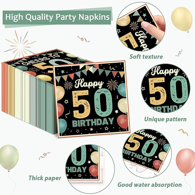 Wiooffen 96 Pcs Vintage 50th Birthday Party Plates Napkins Tableware Set Back in 1976 Supplies Disposable Dinnerware Colorful Cheers to 50 Years Decoration Favors for Women Men Party Favor, 24 Guests