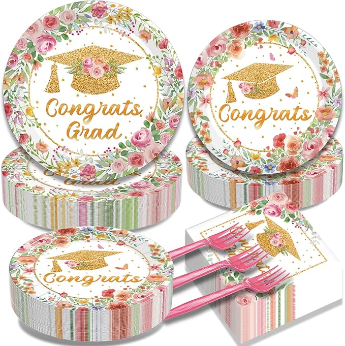 200Pcs Pink Graduation Party Plates, Floral Class of 2026 Congrats Grad Party Decorations Supplies Rose Gold Women Graduation Prom Disposable Tableware Set for College High School, Serves 50