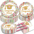 200Pcs Pink Graduation Party Plates, Floral Class of 2026 Congrats Grad Party Decorations Supplies Rose Gold Women Graduation Prom Disposable Tableware Set for College High School, Serves 50