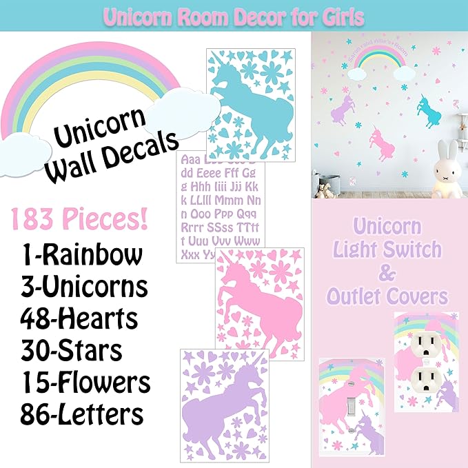 Girls Room Decor Light Switch Cover Plate Kids Room, Decorative Wall Accent for Baby Nursery, Teen Toddler Bedroom Bathroom Playroom (Pastel Unicorn Outlet)