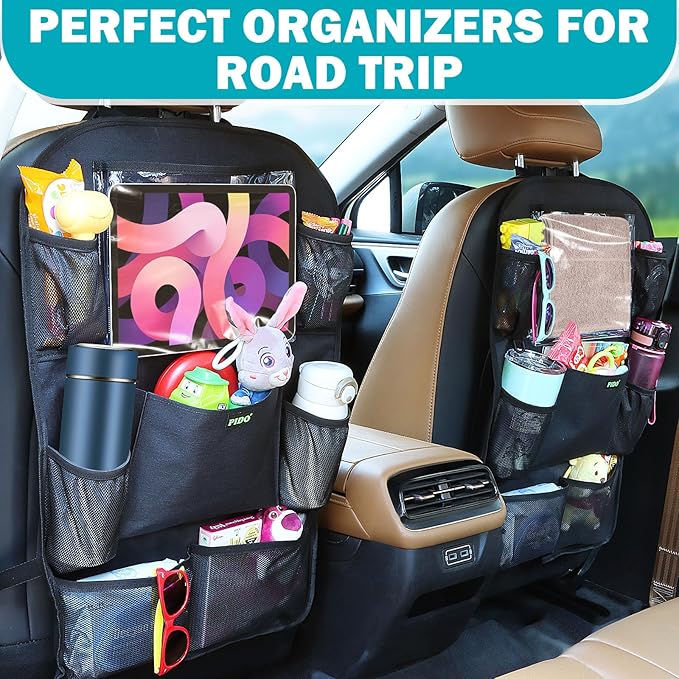 PIDO Car Seat Organizer for Backseat, Back Seat Organizer for Kids with Touch Screen Tablet Holder and 8 Pockets, Car Travel Accessories, Road Trip Essentials for Kids, 2 Pack