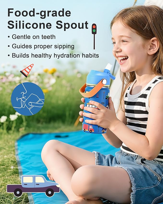 Kids Water Bottle 14oz with Silicone Straw Lid - Insulated Toddler Water Bottle Stainless Steel Keeps Cold 24H, Leak Proof & Cars Trucks Prints Design | Custom Name Tag for School, Daycare, Travel