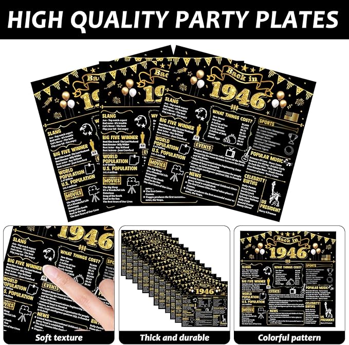 50 Pcs Black Gold 80th Birthday Party Paper Plates and Napkins Back in 1946 Dessert Cake Plates Black Gold 80 Year Old Theme Decorations 1946 Tableware Set Serves 25 Guest 80th Birthday Party Supplies