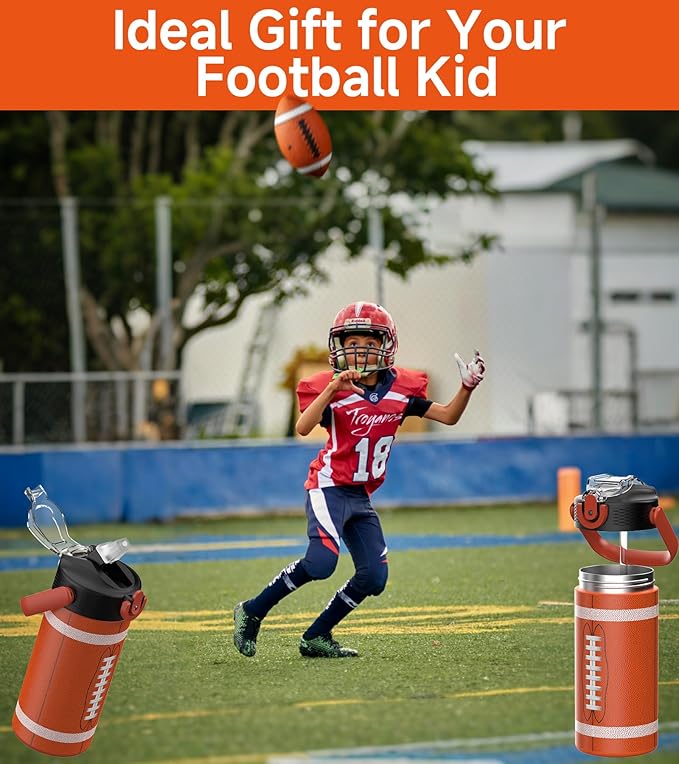 MYFOREST 14oz/400ml Insulated Kids Water Bottle, Odor-Free Surgical Grade Liner, Dishwasher-Safe, Name Spot, Soft Sipper, Gift for Sports Fan (American Football 2)