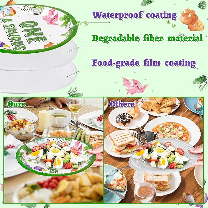 Dinosaur 1st Birthday Party Supplies - 96Pcs Watercolor One A Saurus Plates Napkins Forks Tableware Set, Dinosaur Theme Disposable Party Decoration for Boys Kids First Birthday Table Decor, Serve 24