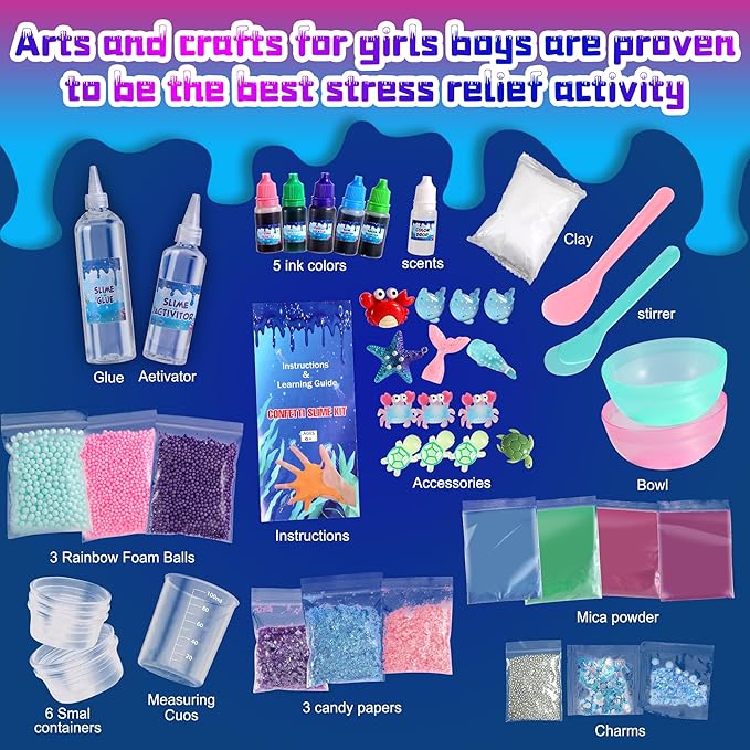 Ocean Slime Kit for Girls,Non Sticky,Super Soft Sludge Toy,Birthday Gifts for Kids 4-12,Soft Shiny Metal Clay Toy Girls & Boys