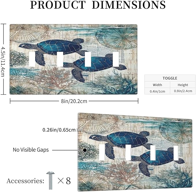 Blue Green Sea Turtle Tropical Ocean Coral Nautical Map Light Switch Covers Quad Toggle Electrical Faceplate 4 Gang Wall Plate Decorative Switch Plates For Bed Room Bathroom Decor