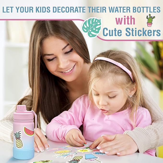 CHILLOUT LIFE 17 oz Kids Insulated Water Bottle for School with Leakproof Spout Lid and Cute Waterproof Stickers, Personalized Stainless Steel Thermos Flask Metal Water Bottle for Girls & Boys