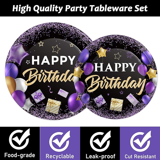Wiooffen 96 Pcs Purple Birthday Party Plates Napkins Tableware Set - Purple and Black Happy Birthday Party Supplies Disposable Dinnerware for 24 Guests