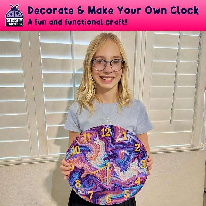 PURPLE LADYBUG Pouring Paint DIY Clock Kit - Creative Kids Painting Kit - 6 7 8 9 10 11 12 Year Old Girl Gift Ideas, Birthday Gifts for 6-12 Year Old Boys & Girls - Crafts for Kids 8-12