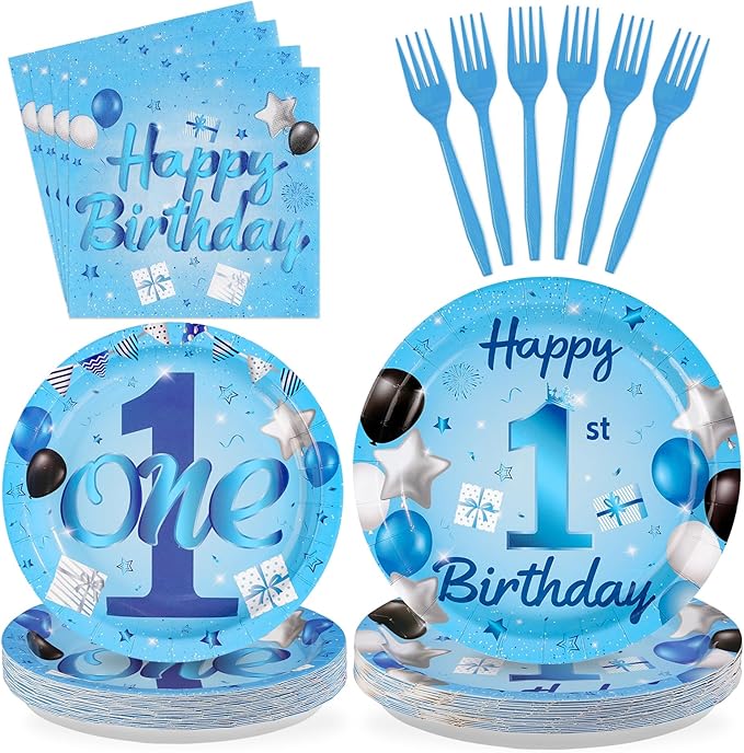96Pcs Blue 1st Birthday Party Decorations Mr Onederful Plates and Napkins Baby Boy Happy Birthday Tableware Set Supplies for One Year Old Baby Shower Holiday Party Favors Serves 24