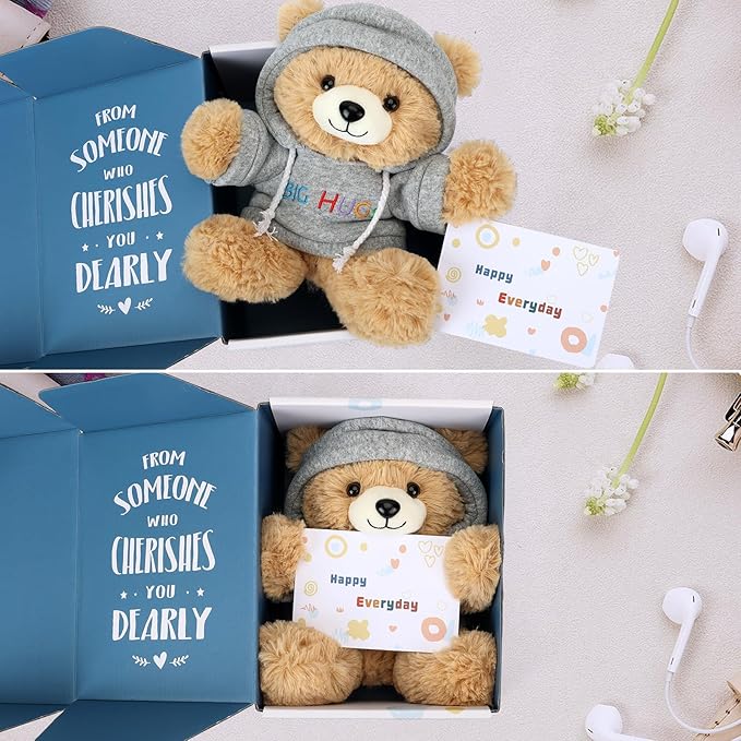 Osacoe Big Hugs Teddy Bear Stuffed Animal with Gift Box Removable Hoodie for Comfort and Love, for Kids, Women & Men in Tough Time, Get Well Soon Gifts Basket with Beautiful Gift Greeting Card