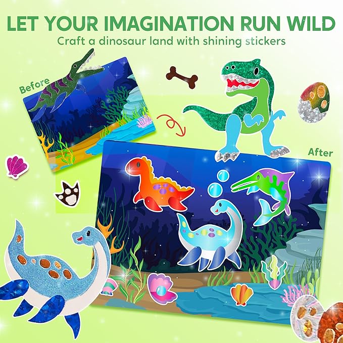 Klever Kits Foil Art Kit for Kids - Arts & Crafts Supplies, Mess Free Coloring, Dinosaur Foil Foam Stickers, Creative Travel Toys, Birthday Gifts for Boys & Girls Ages 4 and Up