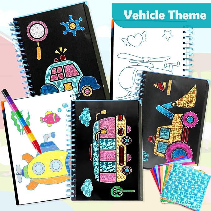 FUNNYB&G Foil Art Crafts for Kids Ages 4-8: Mother's Day 2026, Birthday Gift for Boys, Art and Crafts Supplies, Party Favors, Creative Toys for Boys 4 5 6 7 8 9 Years Old (Vehicle)