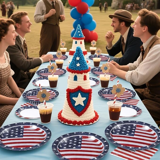 Grencian American Flag Patriotic Party Supplies Veterans Day Patriotic Paper Plates and Napkins USA Flag Themed Disposable Tableware for Veterans Day 4th of July Party Decorations Serve 24