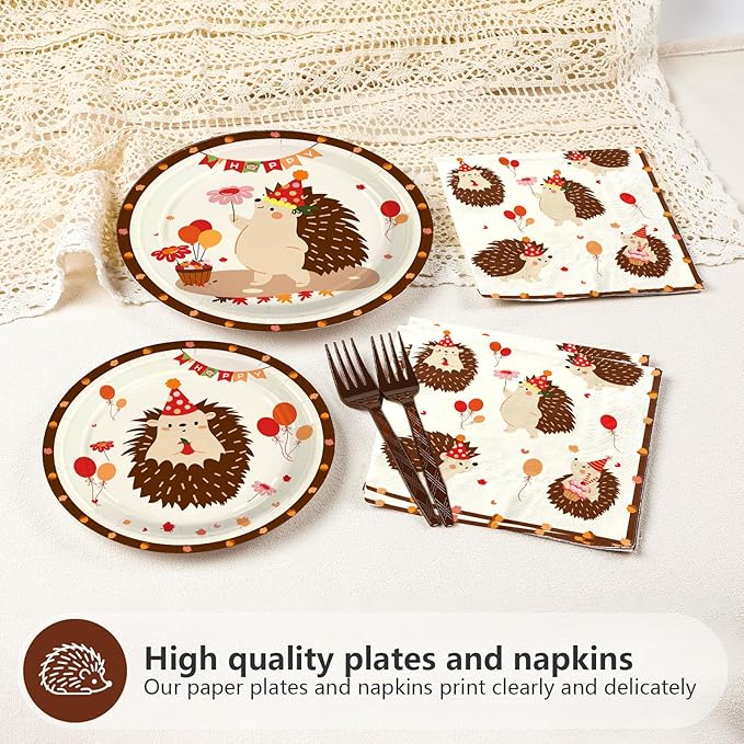 96Pcs Hedgehog Birthday Party Supplies Forest Hedgehogs Woodland Plates and Napkins Cartoon Forest Animal Themed Tableware Set for Kids Boys Girls Birthday Party Supplies，Serves 24
