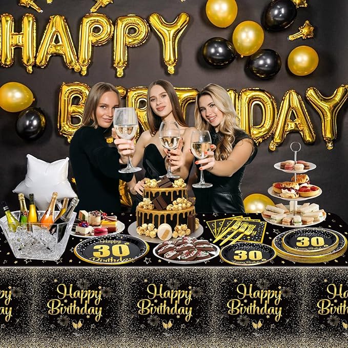 30th Birthday Decorations for Women and Men - 81 Pcs Plates Napkins 30th Tablecloth Forks Set Black and Gold Party Decorations Serve 20