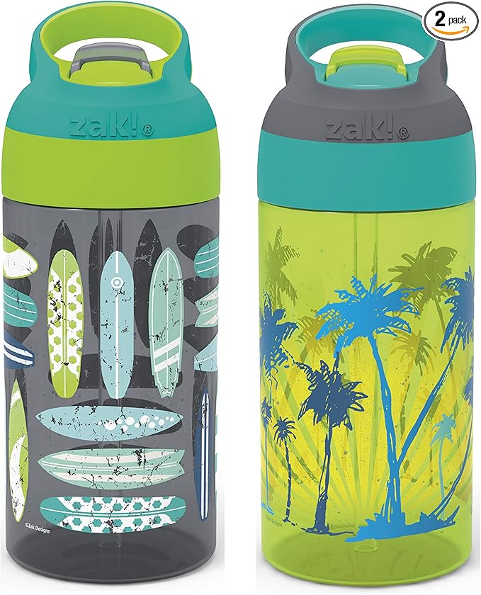 Zak Designs 16oz Riverside Beach Life Kids Water Bottle with Straw and Built in Carrying Loop Made of Durable Plastic, Leak-Proof Design for Travel, 2PK Set