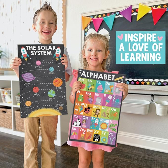 Hadley Designs 16 Educational Posters for Toddler Learning Activities - Alphabet Daycare Essentials, Laminated Pre-K Posters for Toddlers 1-3, Preschool Learning Activities, Chalkboard Classroom Decor