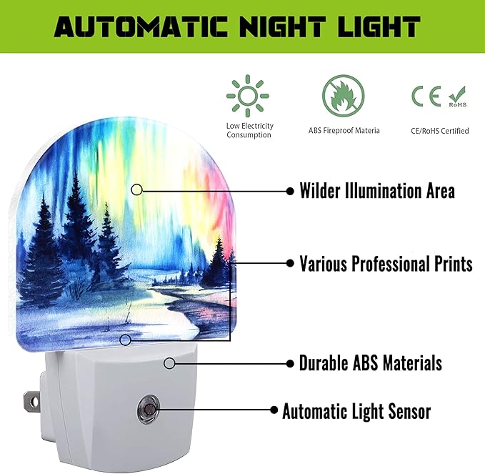 Northern Lights and Forest Night Light for Kids,Winter Aurora Borealis Fir Trees Plug in Night Light with Dusk to Dawn Sensor, 0.5w Energy Saving Nightlight for Hallway Stairway Kitchen Bedroom
