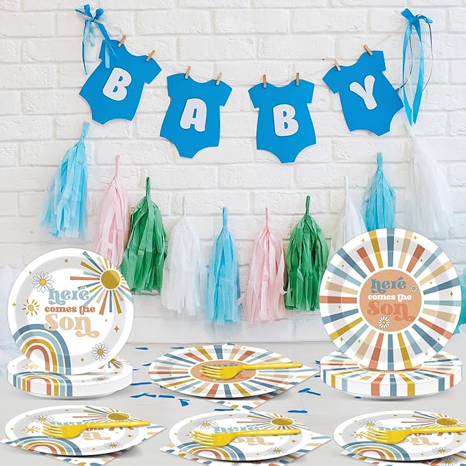 96Pcs Here Comes The Son Party Plates and Napkins for Boho Sun Birthday Party Supplies Here Comes The Son Themed Paper Dessert Plates Sunshine Tableware Set for Baby Shower 24 Guests Party Decorations