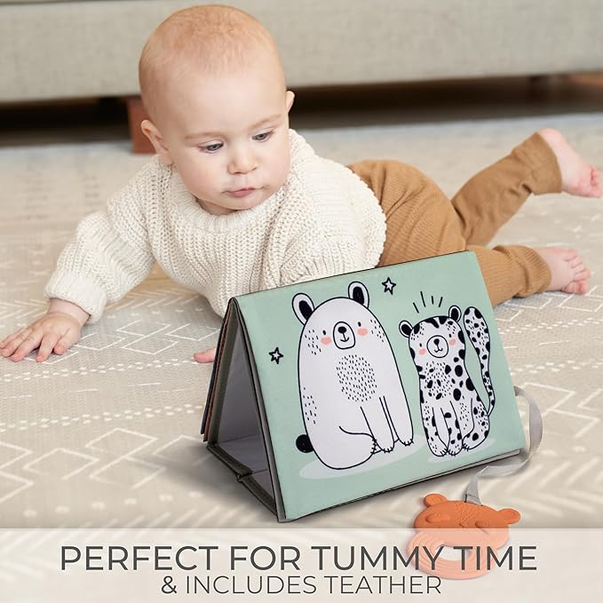 Soft Tummy Time Book w/ Large Stimulating Baby Safe Mirror - Fun High Contrast Montessori Toy w/ Mirror, Crinkle Filling & Silicone Teether - The Perfect Toy For Safe Early Newborn/Infant Development