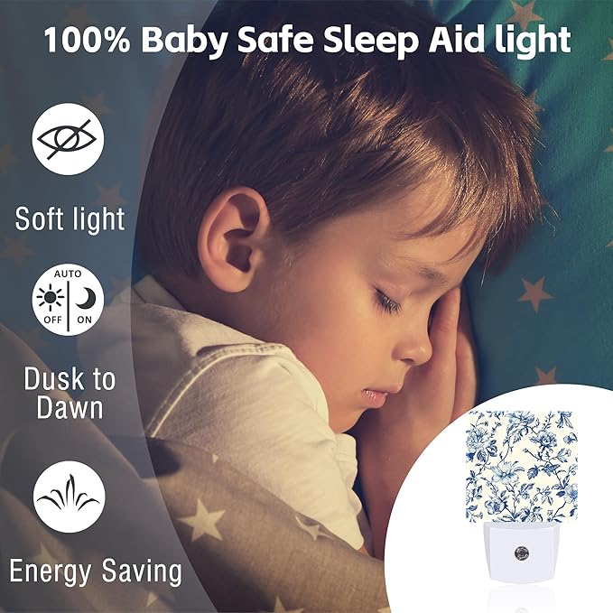 Vintage Blue Flowers Night Light, Abstract Botanical Floral Leaves Dusk to Dawn Night Light Plug in, 0.5w Energy Saving Sleep Friendly NightLight for Kids Boys Girls Home Decor