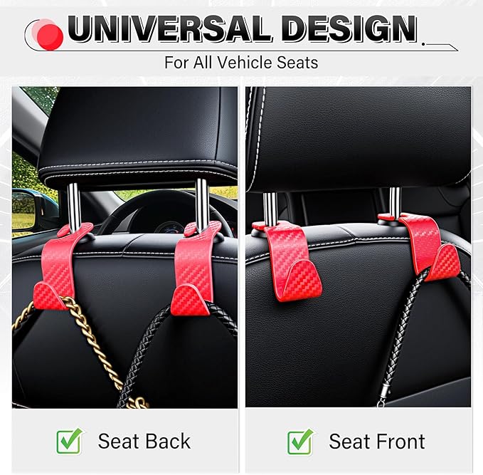 SINGARO Universal 4 Pack Car Seat Headrest Purse Hook, Carbon Fiber Back Seat Hook Storage Organizer Hanger for Purse Handbag Coat, Car Interior Accessories(Red)