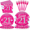 96Pcs 21st Birthday Party Supplies 350 GSM Hot Pink Sweet 21 Plates and Napkins Tableware Sets Happy 21st Birthday Decorations for Girls Women Finally Legal 21 Years Old Party Favors, Serves 24