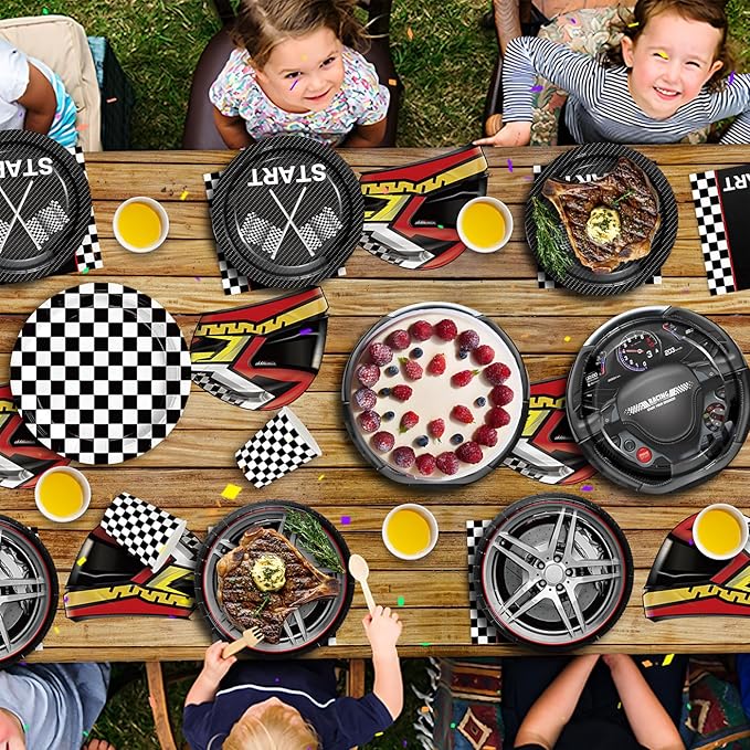 144pcs Race Car Plates Napkins Party Supplies Racing Themed Paper Cups Race Car Birthday Party Decorations Racing Tableware Set for kids Boys Birthday Decor Serves 24