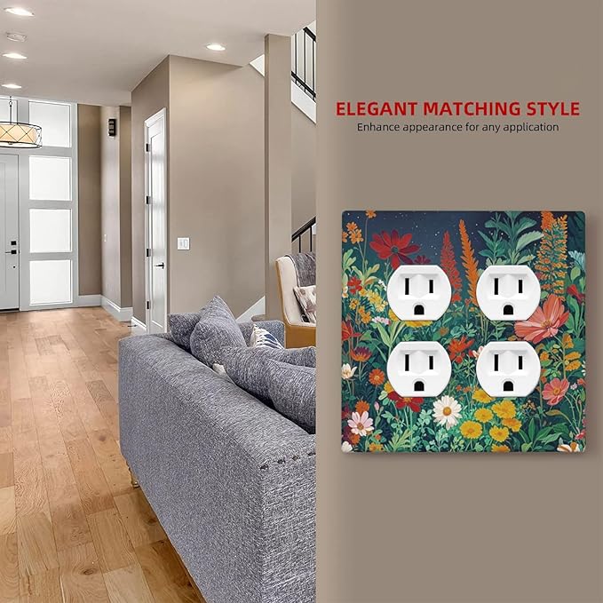 Decorative Outlet Covers with Wildflowers & Stars Botanical Floral Art Design 2 Gang Wall Plate Double Duplex Receptacle Light Switch Cover Switch Plate Cover for Garden Theme Wall Decor
