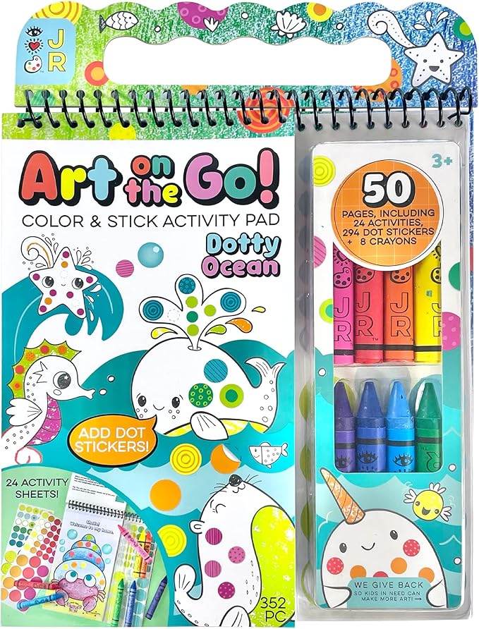 Bright Stripes Art on The Go Going Dotty Ocean Theme Travel Kit for Kids Ages 3+ | Compact Coloring Set with Crayons, Dot Stickers & Activity Book | Fun, Mess-Free Crafts for Toddlers and Preschoolers