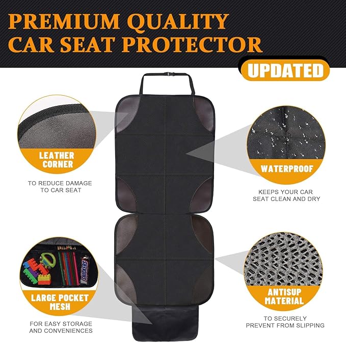 Car Seat Protector, Ponjson Auto Car Leather Seats Waterproof Thick Padding&Non-Slip Seat Cover Pad for Child Baby Safety Seat with Organizer Pockets-2 Pack Carseats for Most Cars