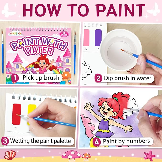 SOCOLER Paint with Water Coloring Books for Toddlers,Unicorn Theme Mess Free Watercolor Painting Papers for Kids Water Color Paint Kit Art Craft Gift for Ages 1-3, 4-8