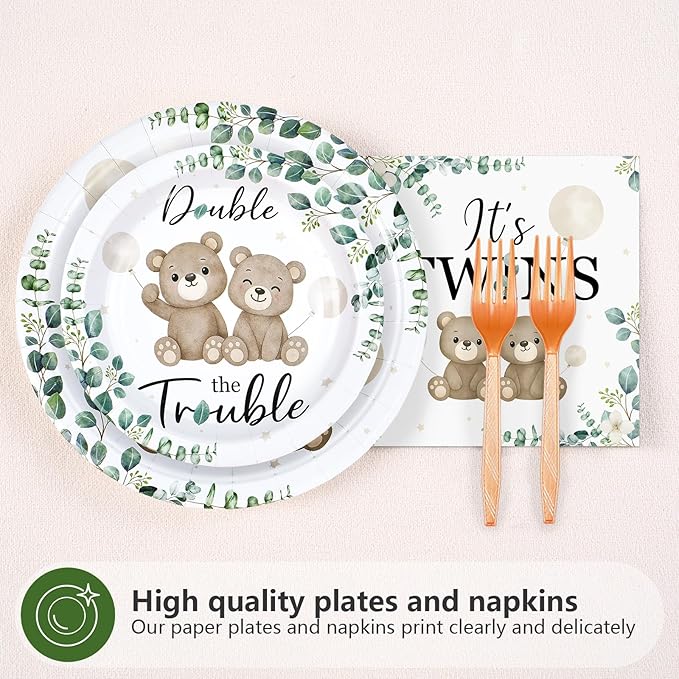 96 Pcs Twin Baby Shower Party Decorations Twin Bear Paper Plates and Napkins It's Twins Sage Green Disposable Tableware Set for Twins Baby Shower Boys Girls Birthday Party Supplies, Serves 24