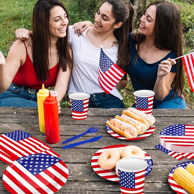 175 Pcs USA Flag Tableware Set - Serves 25, Patriotic American Flag Disposable Plates, Cups, Napkins, Forks, Spoons, Knives for 4th of July, Memorial Day, Veterans Day, Independence Day Party Supplies
