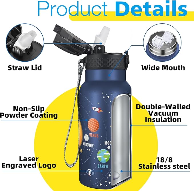 Han's Bottle Kids Water Bottle with Straw Lid - Insulated Stainless Steel Reusable Tumbler for Girls,Boys,Thermo Mug,17oz,Space Planet